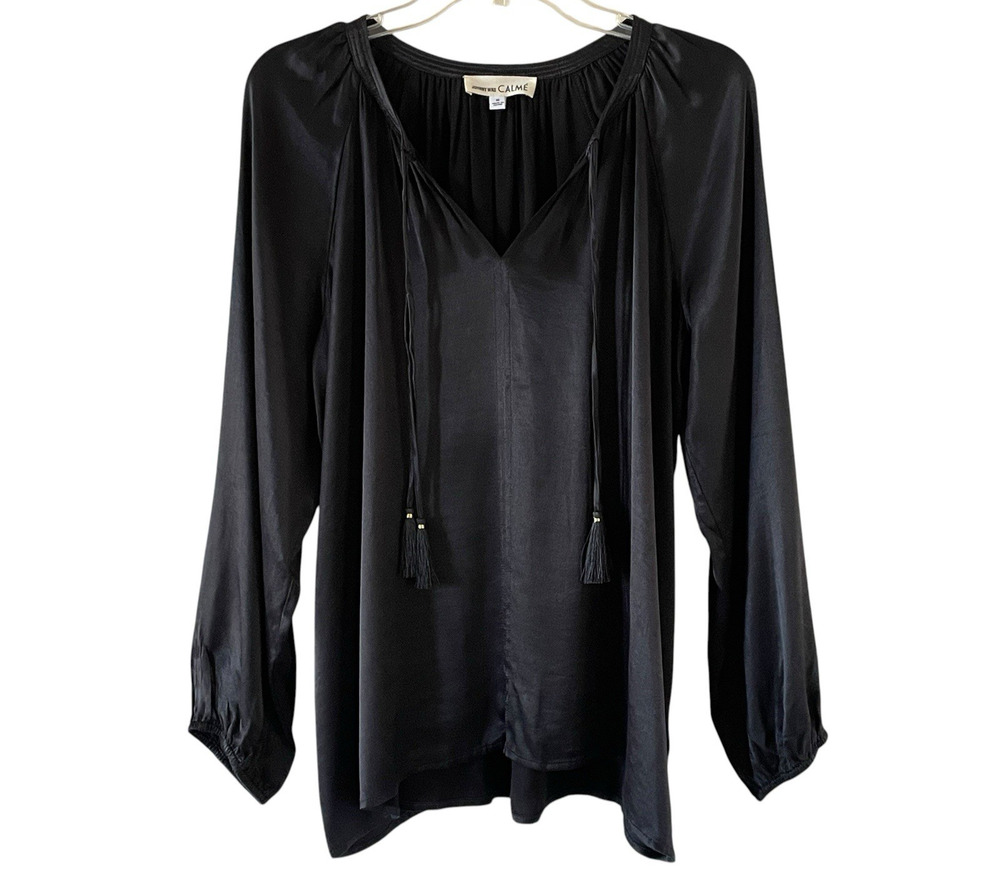 CALME JOHNNY WAS Size Medium Black Satin Double Tassel Long Sleeve Pullover Top